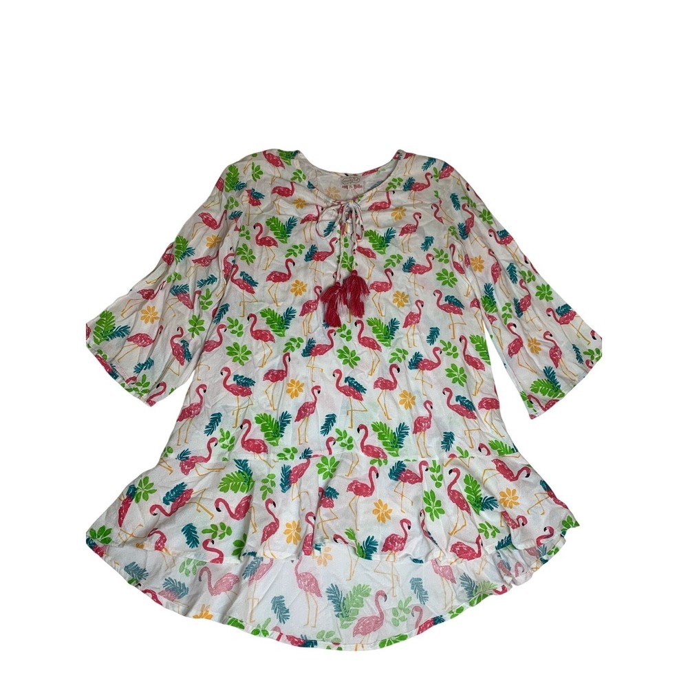 Mud Pie Whimsical Flamingo Print 100% Viscose Tassel Tie Tunic‎ Beachy Top M